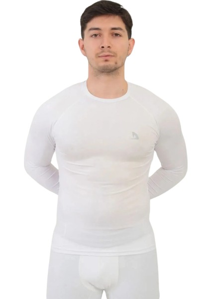 Erkek Beyaz Uzun Kollu Compression Fitness Gym Body Tshirt DMN25478