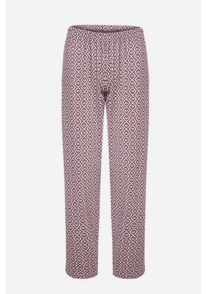 Kadın Pamuklu V Yaka Biye Detaylı Alt Desenli Uzun Kollu Pijama Takımı