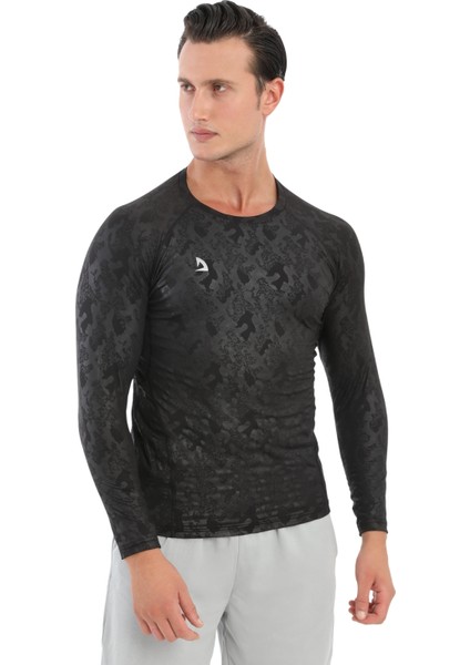 Erkek Siyah Uzun Kol Kamuflaj Desenli Compression Fitness Gym Body Tshirt DMN25478 modelleri