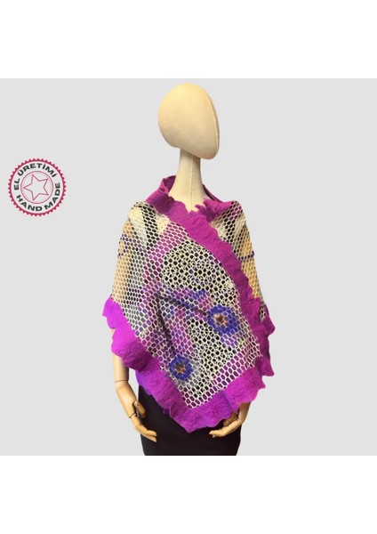 El Yapımı Dantel Kumaş Üzerine Islak Keçe Çalışması Çok Amaçlı Örtü / Şal / Runner - 47 x 184 cm