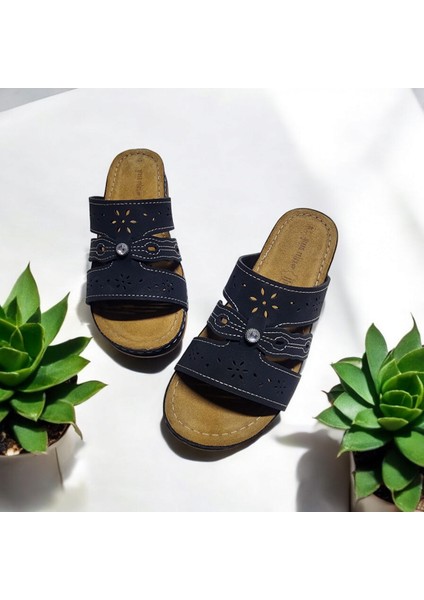 Kadın Günlük Taş Detaylı Çiçek Baskılı Ev ve Dışarı Terliği