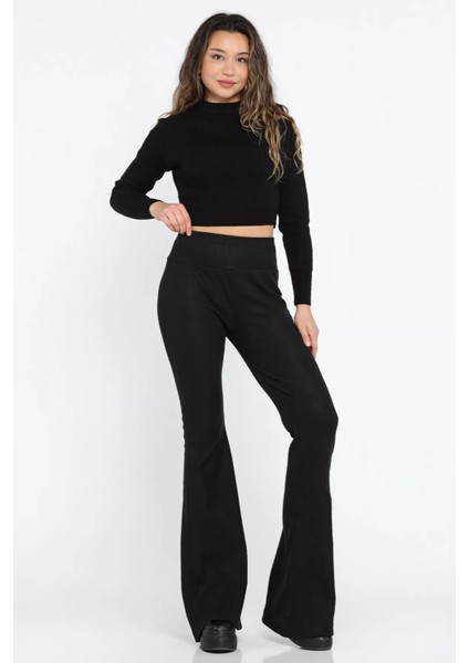 Kadın Fitilli Yüksek Bel İspanyol Paça Pantolon P-00013638