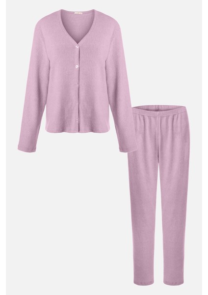Kadın Soft Touch Kaşkorse Düğme Detaylı Pijama Takımı