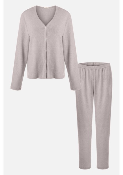 Kadın Soft Touch Kaşkorse Düğme Detaylı Pijama Takımı