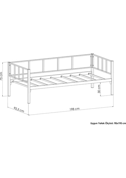 Atlas Tek Kişilik Metal Karyola, Daybed, Divan, Sedir 90X190