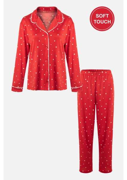 Kadın Soft Touch Kırmızı Puanlı Desenli Gömlek Yaka Uzun Kollu Pijama Takımı