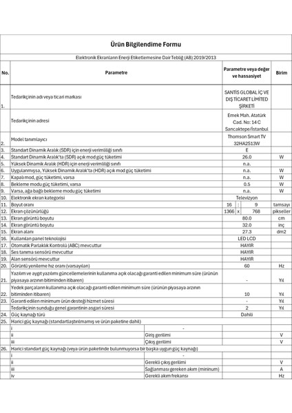 32HA2S13W 32" 82 Ekran Uydu Alıcılı HD Dolby Audio Android LED TV