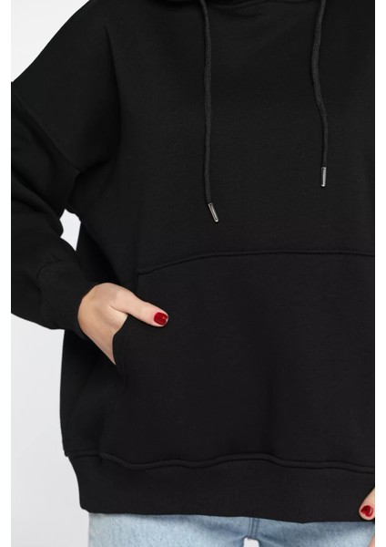 Kapüşonlu Kanguru Cepli Şardonlu Kadın Sweatshirt fırsatları