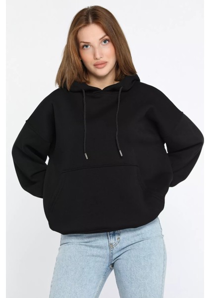 Kapüşonlu Kanguru Cepli Şardonlu Kadın Sweatshirt