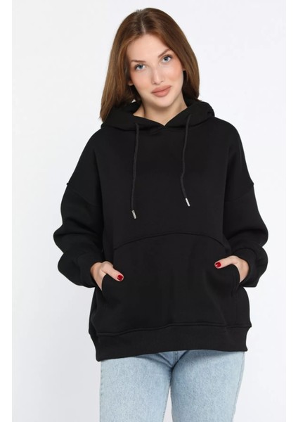 Kapüşonlu Kanguru Cepli Şardonlu Kadın Sweatshirt fiyatları