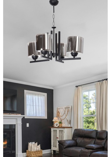 Atiye Klasik Tasarım Yatak Odası Salon Oturma Odası Mutfak Siyah Renk Füme Çift Camlı 4 Lü Avize