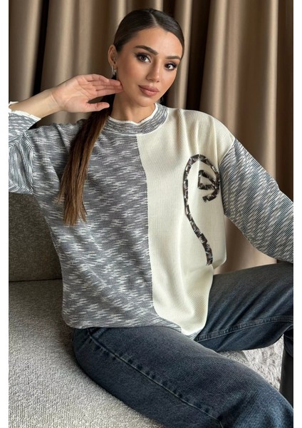 Kadın Kendinden Desenli Triko Kazak