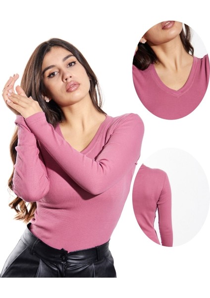 Kaşkorse V Yaka Body Sweatshirt, Fitilli Kumaş, Likralı, Gül Kurusu