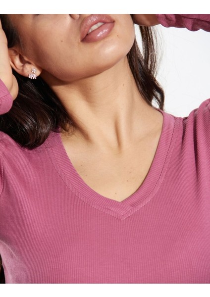 Kaşkorse V Yaka Body Sweatshirt, Fitilli Kumaş, Likralı, Gül Kurusu fırsatları