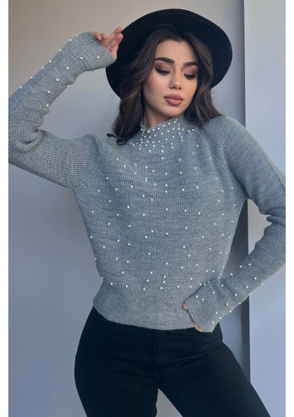 Yarım Balıkçı Incili Crop Top Triko Kazak