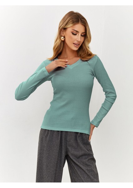 Kaşkorse V Yaka Body Sweatshirt, Fitilli Kumaş Rahat Bluz, Likralı, Okaliptus Badi