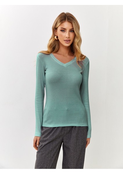 Kaşkorse V Yaka Body Sweatshirt, Fitilli Kumaş Rahat Bluz, Likralı, Okaliptus Badi fiyatları