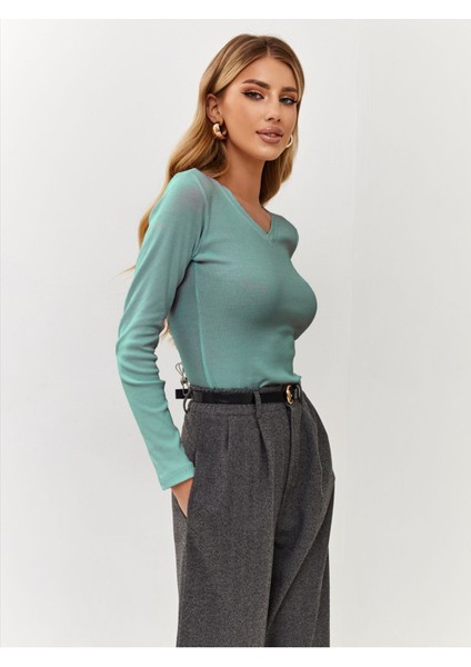 Kaşkorse V Yaka Body Sweatshirt, Fitilli Kumaş Rahat Bluz, Likralı, Okaliptus Badi modelleri