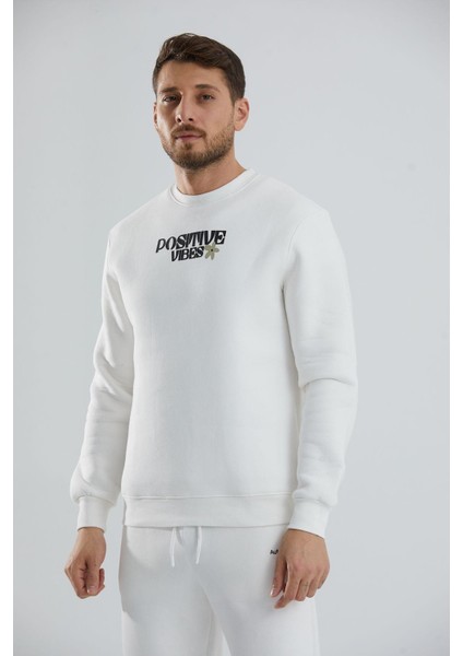 Baskılı Içi Polarlı Unisex Bisiklet Yaka Sweatshirt