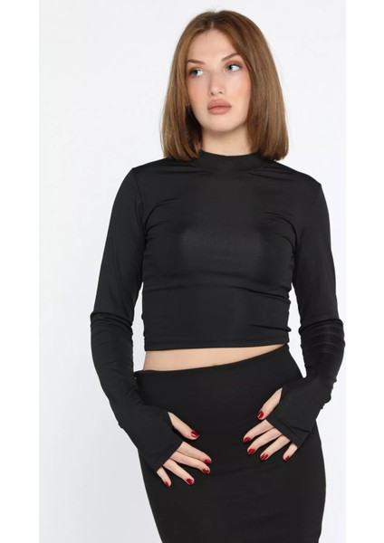 Kadın Bisiklet Yaka Kolu Pencereli Crop Top Bluz