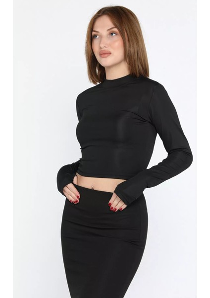 Kadın Bisiklet Yaka Kolu Pencereli Crop Top Bluz