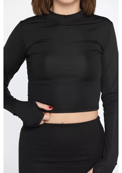 Kadın Bisiklet Yaka Kolu Pencereli Crop Top Bluz