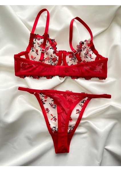 Sensual Çiçek Desen Balenli Dantelli Sütyen Takımı