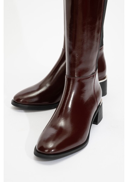 Rochos Bordo Rugan Streç Detaylı Deri Kadın Çizme modelleri
