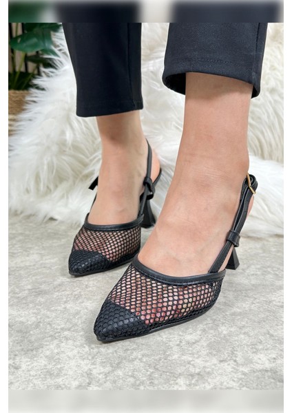 Günlük Kadın Fileli Arkası Açık Ayarlanabilir Tokalı Ince Topuklu Abiye Ayakkbı 923 fiyatları