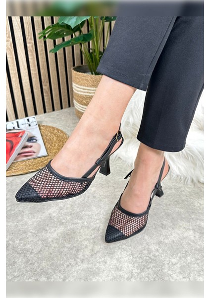 Günlük Kadın Fileli Arkası Açık Ayarlanabilir Tokalı Ince Topuklu Abiye Ayakkbı 923 fırsatları