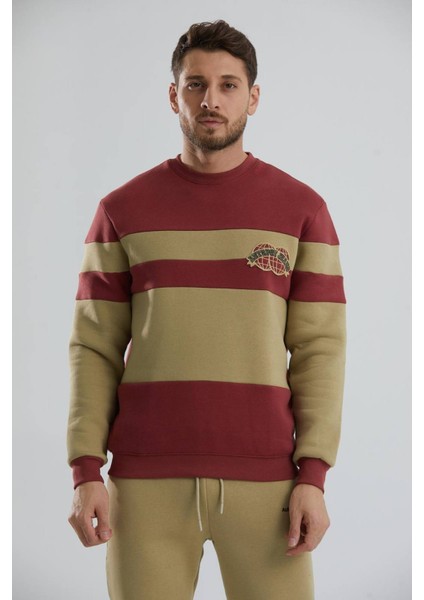 Blok Renkli Şardonlu Bisiklet Yaka Erkek Sweatshirt