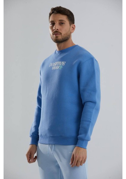 Baskılı Içi Polarlı Unisex Bisiklet Yaka Sweatshirt