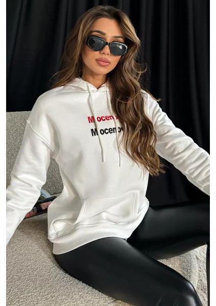 Kapüşonlu Şardonlu Yazı Baskılı Kadın Sweatshirt