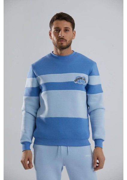 Blok Renkli Şardonlu Bisiklet Yaka Erkek Sweatshirt