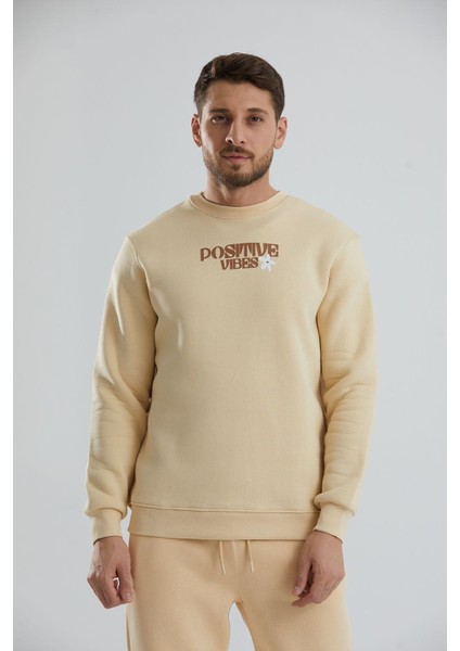 Baskılı Içi Polarlı Unisex Bisiklet Yaka Sweatshirt