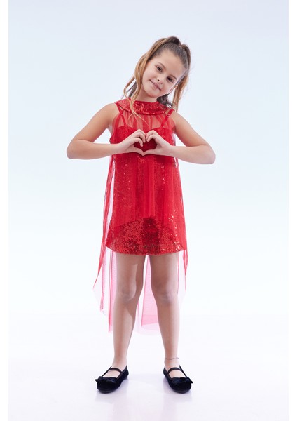 Kız Çocuk Pullu Pelerinli Trend Abiye Elbise AK2244 modelleri