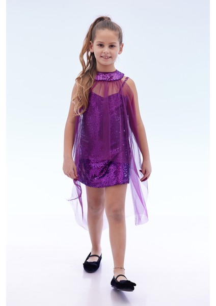 Kız Çocuk Pullu Pelerinli Trend Abiye Elbise AK2244