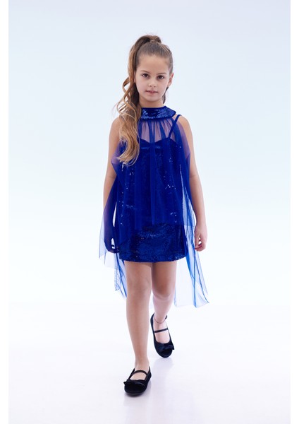 Kız Çocuk Pullu Pelerinli Abiye Elbise Uzun Klasik Stil Özel Günler İçin