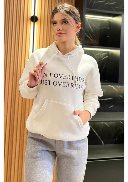 Kapüşonlu Üç Iplik Şardonlu Yazı Baskılı Kadın Sweatshirt