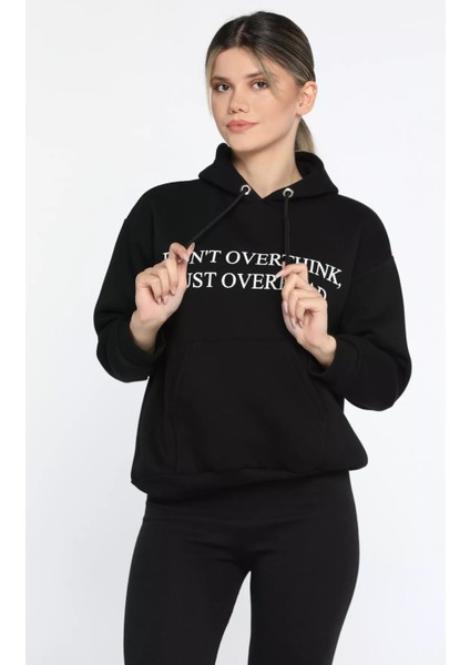 Kapüşonlu Üç Iplik Şardonlu Yazı Baskılı Kadın Sweatshirt