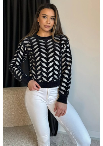 Bisiklet Yaka Desenli Yumoş Iplik Croptop Kadın Triko Kazak fiyatları