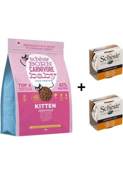 Born Carnivore Baby Tavuklu ve Yumurtalı Tahılsız Yavru Kedi Maması 255 gr + 2 Adet Schesir Nature Ton Balıklı ve Aloe Veralı Kedi Konservesi 85 gr
