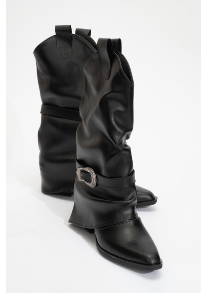 Okus Siyah Cilt Kadın Tokalı Kalın Topuklu Kısa Çizme