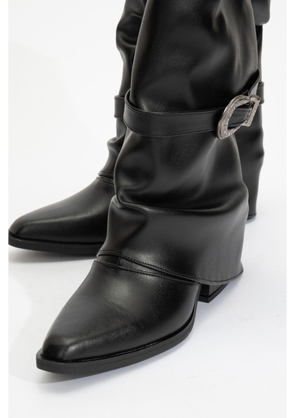 Okus Siyah Cilt Kadın Tokalı Kalın Topuklu Kısa Çizme modelleri