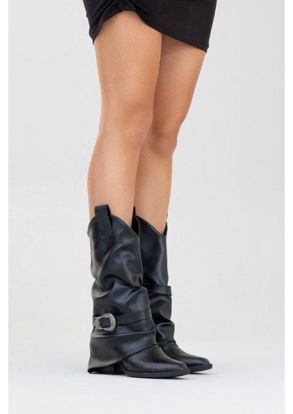 Okus Siyah Cilt Kadın Tokalı Kalın Topuklu Kısa Çizme indirimleri