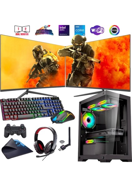 I5 14400F 16GB Ddr4 480SSD 12GB Arc B580 Çift 24" Mon. Oyun Bilgisayarı (Gaming Set)