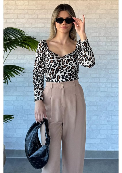 Kadın Leopar Desen Crop Top Bluz