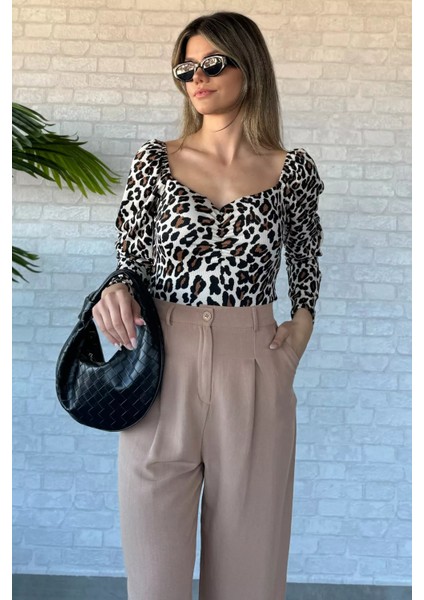 Kadın Leopar Desen Crop Top Bluz