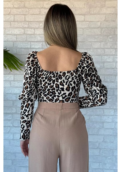 Kadın Leopar Desen Crop Top Bluz