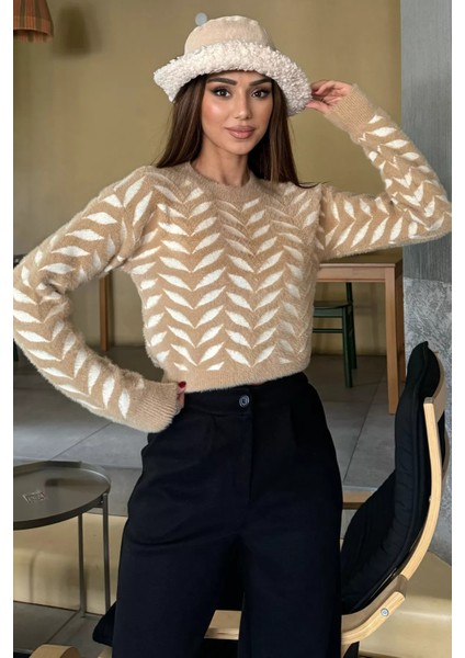 Bisiklet Yaka Desenli Yumoş Iplik Croptop Kadın Triko Kazak fiyatları